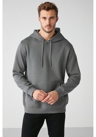 Resim Grimelange Jorge Erkek Yumuşacık Kapüşonlu Organik Pamuk Kanguru Cepli Regular Koyu Gri Sweatshirt 