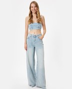 Resim Oversize Kot Pantolon Normal Bel Uzun Bol Paça Düğmeli Cepli - Loose Straight Fit Jeans 