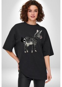Resim Zürafa Pamuklu Bisiklet Yaka Unisex Oversize Boyfriend Dijital Baskılı Siyah T-shirt Siyah 