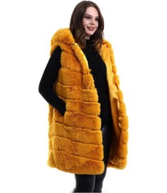 Resim Tarzyeri Kadın Kapüşonlu Peluş Kürk Yelek Premium Kalite Tam Astarlı Uzun Model - Sarı beyaz 