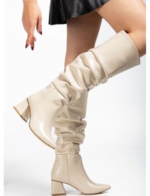 Resim Syt-2002 Bej Kırışık Rugan Körüklü Kalın Topuklu Günlük Bayan Çizme Açık Bej - Kahverengi 