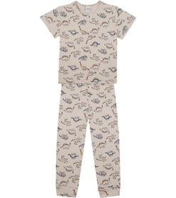 Resim Antebies Organik Bej Dinazor Desenli Beli Lastikli Kısa Kollu Erkek Çocuk Pijama Takımı Krem 