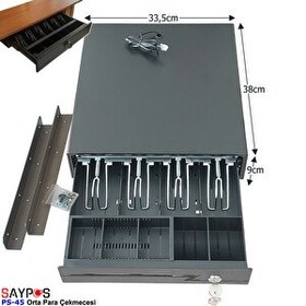 Resim Saypos PS45 Para Çekmecesi 4 Banknot Gözlü Masa Altı Montaj Askılı Anahtardan Açılır 33.5x38x9 CM 