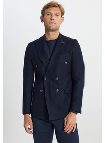 Resim Erkek Lacı Yünlü Slim Fit Dar Kesim Kırlangıç Yaka Kapak Cepli Blazer Ceket Lacı 