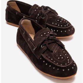 Resim Luvishoes Cuesta Kahverengi Süet Hakiki Deri Troklu Bağcıklı Kadın Loafer Ayakkabı 