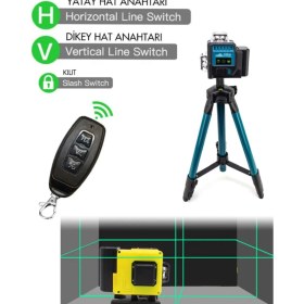 Resim Branzeg 12 Yönlü 360 Derece Yeşil Lazer Terazi Metre Çift Batarya Ayaklık Tripot Kumandalı Hediyeli 