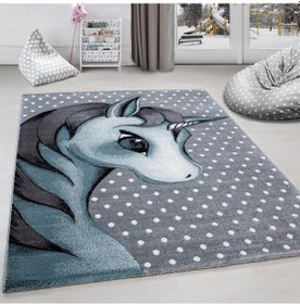 Resim Sevimli Peri Atı Desenli Çocuk Halısı Gri Mavi Renklerde Gri - Mavi 