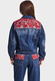 Resim Kadın Koyu Kot Rengi 2w5-10 Özel Kırmızı Desen Nakışlı %100 Koton Tasarım Denim Ceket - Koyu Kotrengi / 34 