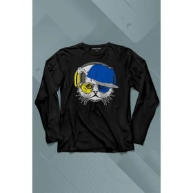 Resim Kendim Seçtim Cat Glasses Gözlüklü Sarı Lacivert Fenerbahçe Kedi Uzun Kollu Tişört Baskılı Çocuk T-Shirt 