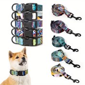 Resim 2'li Ayarlanabilir Köpek Tasması ve Tasma Seti - Canlı Geometrik & Düz Desenler, Dayanıklı Polyester, Dış Mekan Yürüyüşleri ve Seyahatler için Rahat Uyum - Evcil Hayvan Malzemeleri 