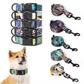 Resim 2'li Ayarlanabilir Köpek Tasması ve Tasma Seti - Canlı Geometrik & Düz Desenler, Dayanıklı Polyester, Dış Mekan Yürüyüşleri ve Seyahatler için Rahat Uyum - Evcil Hayvan Malzemeleri 