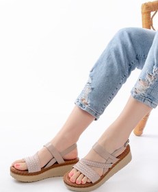 Resim 730-152 Bej Örgü Desenli Hakiki Deri Ortopedik Taban Kadın Sandal Siyah 