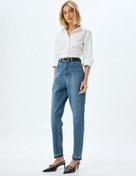 Resim Normal Bel Kısa Paça Düğmeli Denim Pantolon - Mom Fit Jeans 