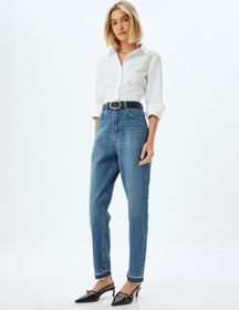 Resim Normal Bel Kısa Paça Düğmeli Denim Pantolon - Mom Fit Jeans 