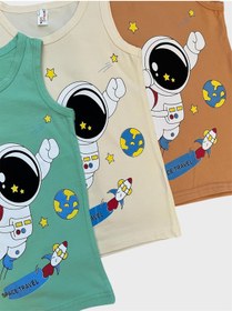 Resim Genel Markalar Erkek Çocuk Pamuklu Astronot Desenli Yeşil Krem Kahverengi 3lü Atlet 