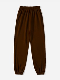 Resim DUBU BUTİK Kahve Basic Düz Eşofman Altı Jogger - Lastik Paça Yüksek Bel Oversize 