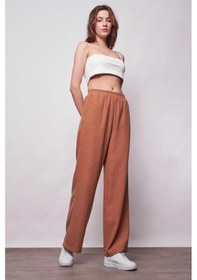Resim JUMENT Keten Yüksek Bel Beli Lastikli Yan Cepli Bol Paça Pantolon -camel 