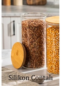 Resim Porsima 2-3 Bambu Vakumlu Kapaklı Yuvarlak Borosilikat Cam 3lü Kavanoz Seti Saklama Kabı 1300ml 10x20cm 