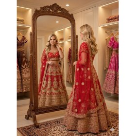 Resim Aashiv's Collection Gelinlik Hint Lehenga Choli Takımı Kırmızı Işlemeli 