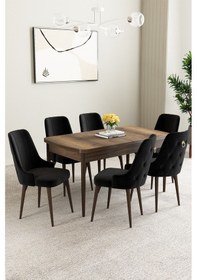 Resim Clara Barok Desen 80x132 Açılabilir Yemek Odası Takımı 4 Sandalye, 1 Bench Siyah 