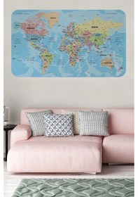 Resim Türkçe Eğitici Ülke Ve Başkent Okyanus Detaylı Atlası Dünya Haritası Duvar Sticker -60x105-3869 Renkli 