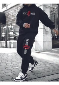 Resim Hırsch Siyah Erkek Oversize Basic Kapüşonlu Lastikli Beast Moda Baskılı Pamuklu Eşofman Takımı Siyah 