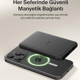 Resim Belkin BoostCharge Manyetik Power Bank 5000 mAh, Manyetik Halka ve USB-C Porta Sahip İnce Taşınabilir Şarj, iPhone, Galaxy, Pixelsnap, iPad ve Tablet için Batarya Paketi, USB-C Kablo Dahil, Siyah 