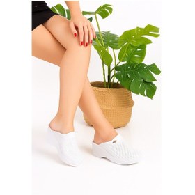 Resim Beyaz Delikli Dolgu Topuklu Kadın Sabo Ortopedik Hemşire Doktor Aşçı Günlük Terlik Beyaz 