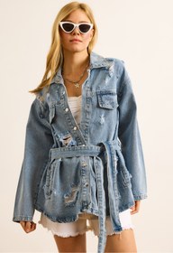 Resim Olalook Kadın Mavi Lazer Yırtıklı Kuşaklı Denim Ceket CKT-19000451 