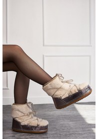 Resim Günlük Kadın Kar Botu Kürklü Bağcıklı Anne Kız Rahat Astarlı Kalın Taban 327 Bej 