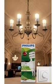 Resim Philips 13w=59w 700Lümen 2700k sarı ışık/e14 İnce Duy/spiral Dim Edilebilir(kısılıp açılan) Tasarruflu Ampul 