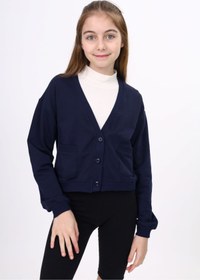 Resim Toontoy Lacivert Kız Çocuk V Yaka Düğmeli Düşük Omuz Örme Okul Hırkası - 2 İplik 