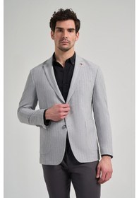 Resim İmza Çizgili Desen Gofreli Mono Yaka Esnek 6 Drop Slim Fit Ceket 1002250122 Gri 