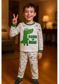 Resim Hçm Erkek Çocuk Pijama Takımı Dinozor Baskılı Bisiklet Yaka C65 Yeşil 