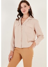 Resim Lela V Yaka Çift Cepli Regular Fit Dokuma Bayan Gömlek 611Go00016 Taş 