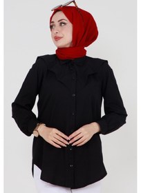 Resim Sevitli Yakası Kat Detaylı Poplin Tunik-siyah-3518-siyah Siyah 