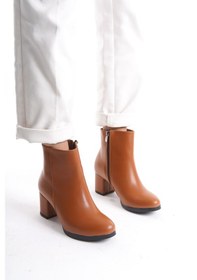 Resim Kadın Liva Düz Topuklu Kısa Bot Taba Deri 