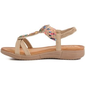 Resim Bej Hakiki Deri Taş İşlemeli Hafif Kadın Sandalet B096 Z Bej 