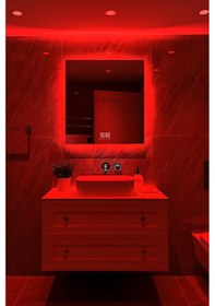 Resim Digital Hayat Buğu Çözücü Dokunmatik Dimlenebilir Kare Ayna Kırmızı Işıklı Led Dekoratif Banyo Makyaj Aynası 50cm - 80cm Kırmızı 