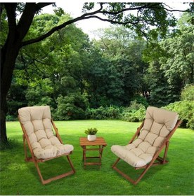 Resim Ahşap Kademeli Rahat Dolgu Minderli Şezlong Takımı 3'lü Ahşap Şez 