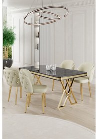 Resim Canisa Rigel Serisi 80x130 Lak Panel Siyah Mermer Desen Masa Takımı Gold Ayaklı 4 Krem Sandalye Masa Siyah Mermer Desen Sandalye Krem 