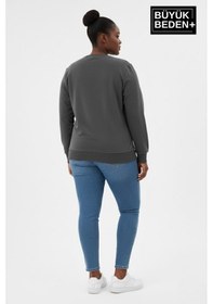 Resim Süperlife Kadın Büyük Beden Yelken Baskılı Bisiklet Yaka İnce Sweatshirt Spr26bswk956-11 Füme 