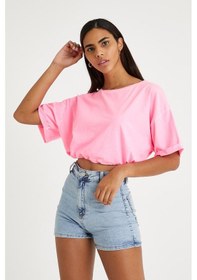 Resim Kadın Neon Yağ Yıkamalı T-shirt Pembe Yeşil 