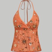 Resim Kadınlar İçin Bohem Çiçek Desenli Halter Boyunlu Tank Top - Yarı Şeffaf Boncuklu Spagetti Askılı Plaj Üstü, Makinede Yıkanabilir Her Mevsim Tatil ve Resort Stili, Zarif Dokuma 
