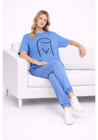 Resim Sevgili Kombini Çift Tişört Oversize Unisex Matching Couple Minim Mavi 
