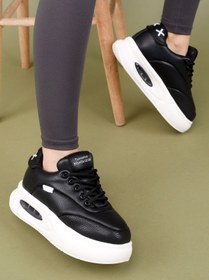 Resim Getcho Lares Kadın Siyah Beyaz Air Kalın Tabanlı Sneaker Rahat Spor Ayakkabı Deri Görünümlü Yüksek Model 