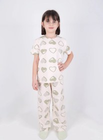 Resim Kız Çocuk Pamuklu Kalpli Desenli Pijama Takımı Kc30102 Ekru - Yeşil 