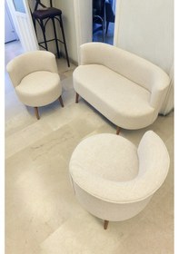 Resim Azra Mobilya Sydney Çay Seti Koltuk Takımı Keten Kumaş 2+1+1 Ceviz Ayak Modern Salon & Ofis Takımı Krem Krem 