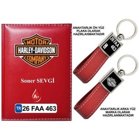 Resim Plakanıza Özel Harley Davıdson Logolu Kırmızı Ruhsat Kabı Ve Anahtarlık 