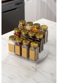 Resim 12'li Şeffaf Merdiven Standlı Cam Baharatlık Seti Gold Kapaklı Etiketli Baharatlık Takım Mh05gld12 Gold - Şeffaf 